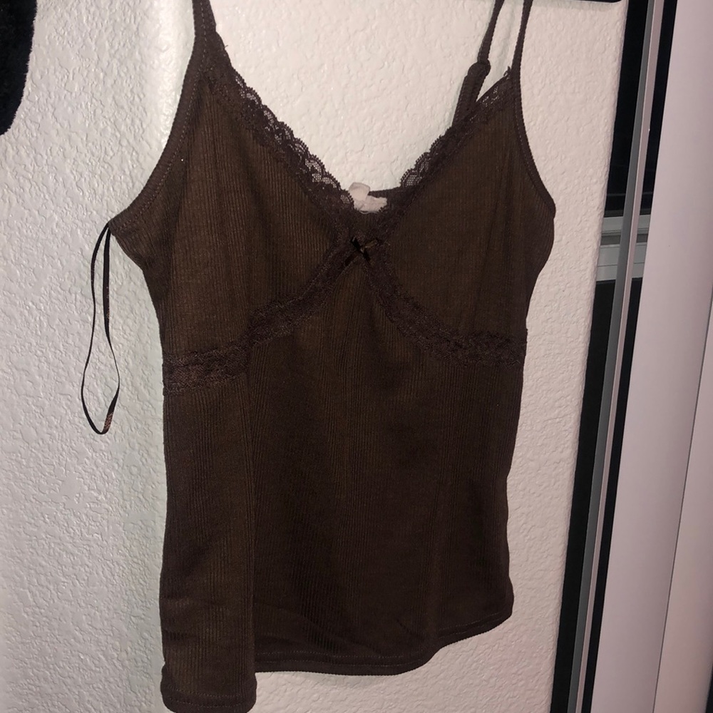 Brown lace lined spaghetti strapped tank top